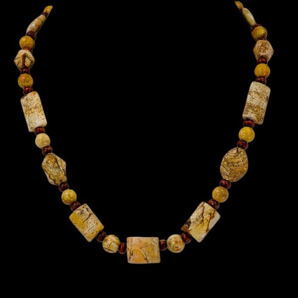 Brown and beige agate stone necklace mixed with small wood beads New - Picture 8 of 11